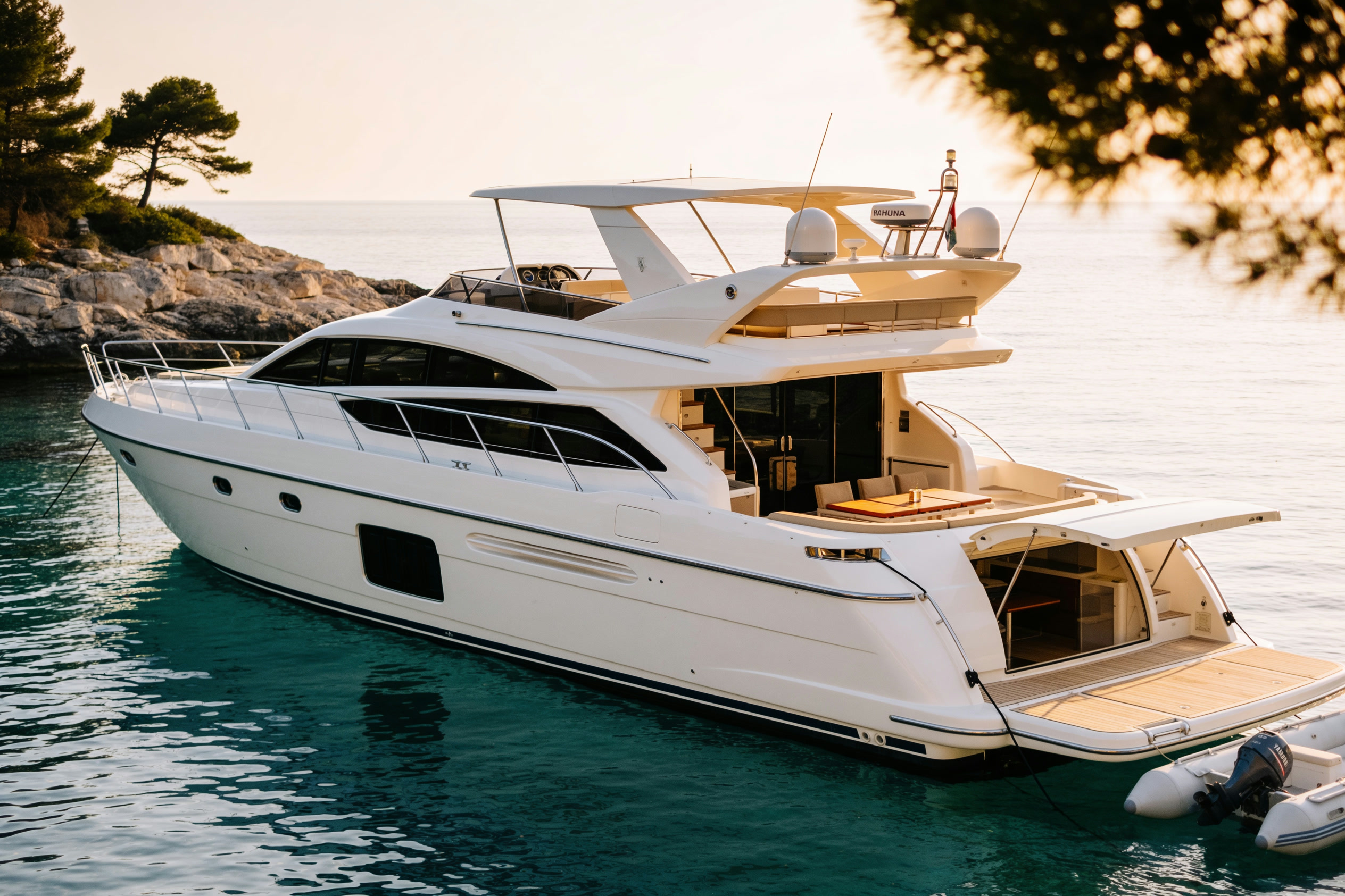 Yacht a motore all'ancora in una cala dell'Adriatico