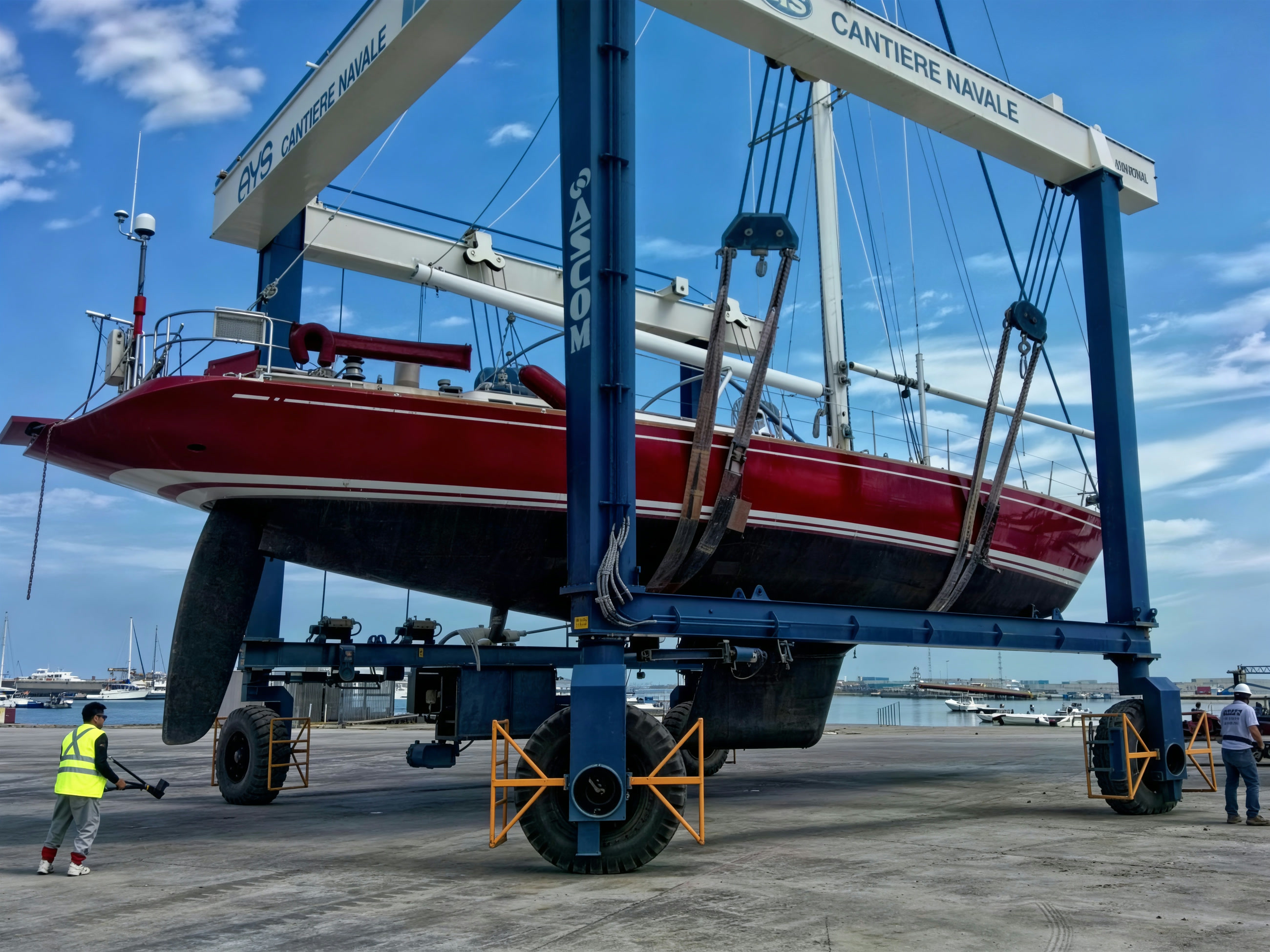 Alaggio di una barca a vela rossa nel cantiere AYS